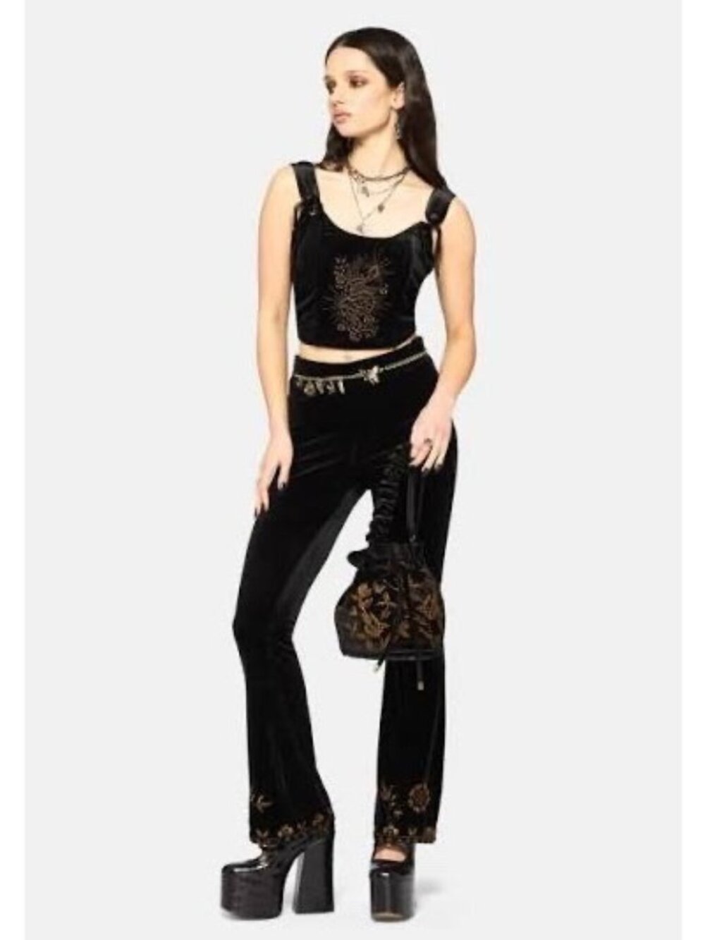 Disturbia Women's Kobra Velour Embroidered Flare Trousers Size US 4 Black